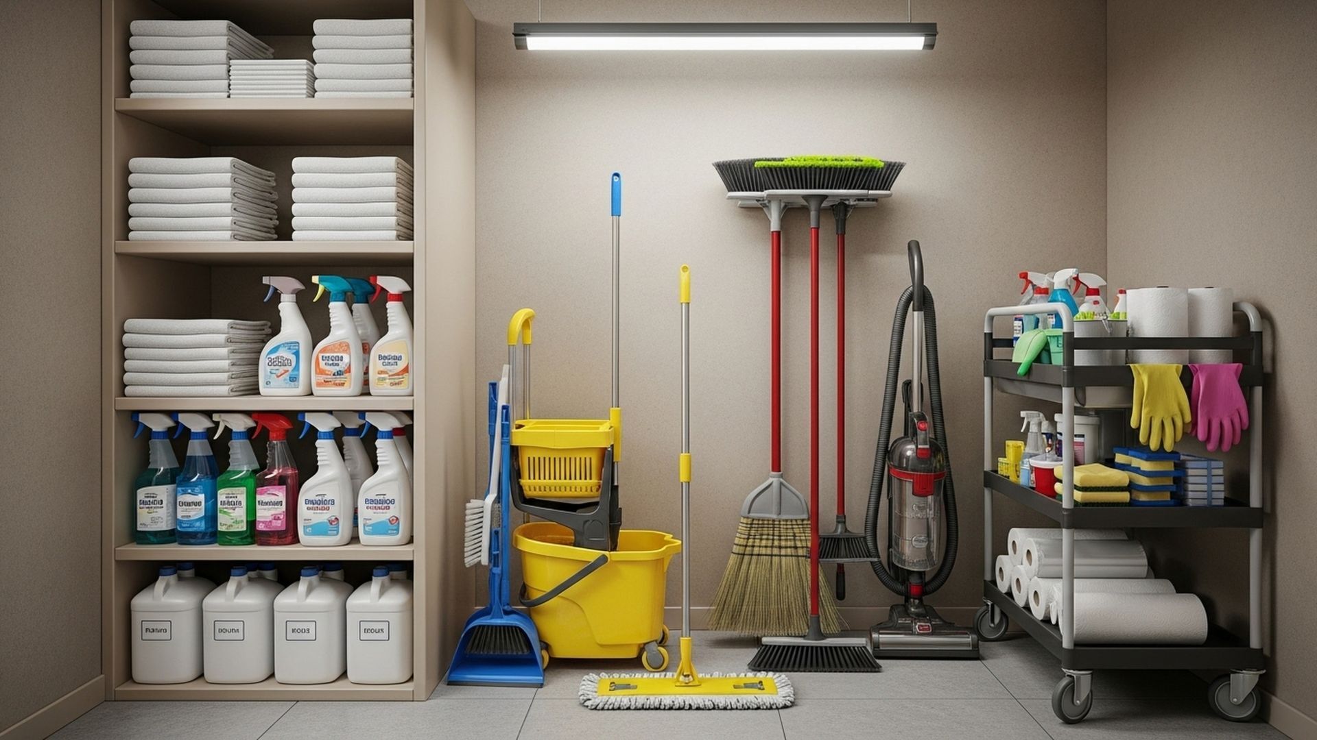 An image with all the locker room cleaning and management supplies